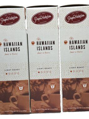PAPA NICHOLAS HAWAIIAN ISLANDS LIGHT ROAST COFFEE 3 Boxes of 4 Cups EXP 07/26